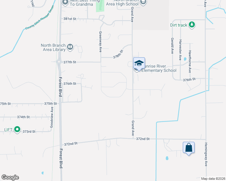 map of restaurants, bars, coffee shops, grocery stores, and more near 6649 376th Street in North Branch