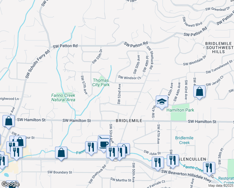 map of restaurants, bars, coffee shops, grocery stores, and more near 4127 Southwest 52nd Avenue in Portland