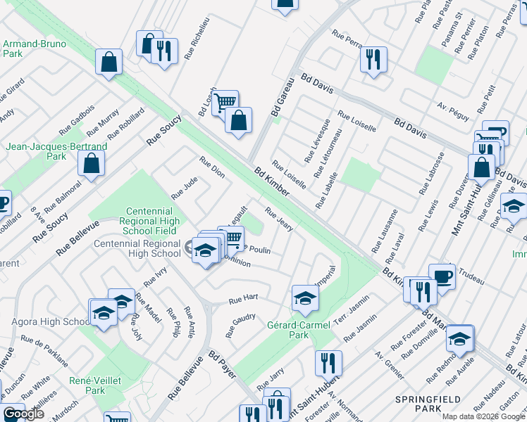 map of restaurants, bars, coffee shops, grocery stores, and more near 1081 Rue Jeary in Longueuil