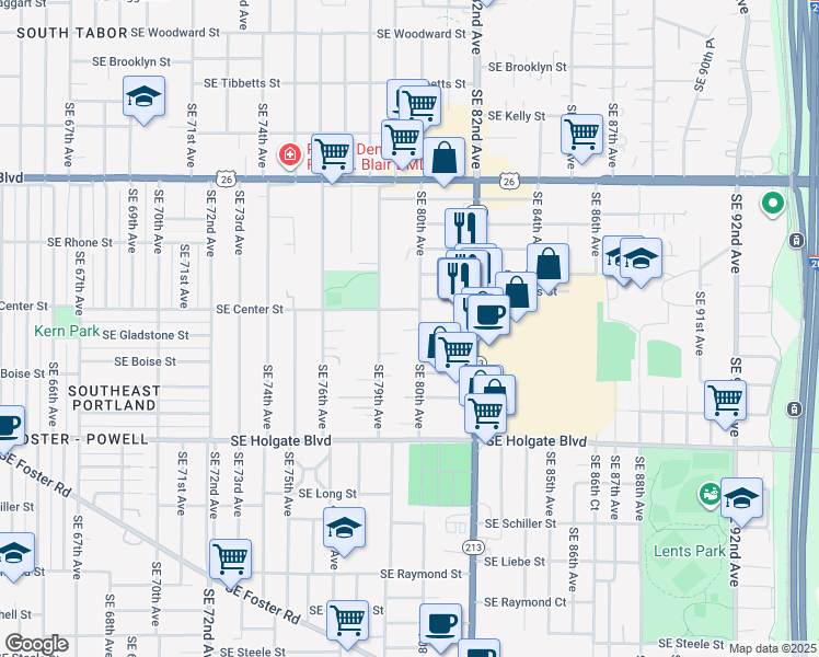 map of restaurants, bars, coffee shops, grocery stores, and more near 3945 Southeast 80th Avenue in Portland