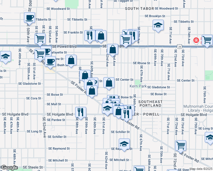 map of restaurants, bars, coffee shops, grocery stores, and more near 4081 Southeast 62nd Avenue in Portland