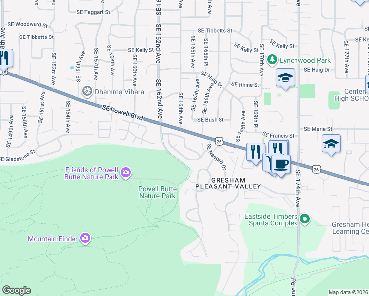 map of restaurants, bars, coffee shops, grocery stores, and more near 3930 Southeast 162nd Avenue in Portland