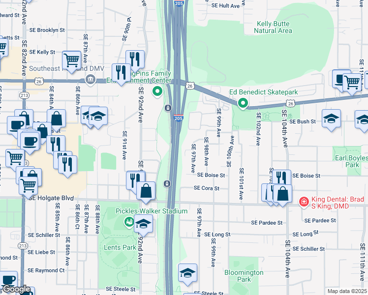 map of restaurants, bars, coffee shops, grocery stores, and more near 9607 Southeast Center Court in Portland