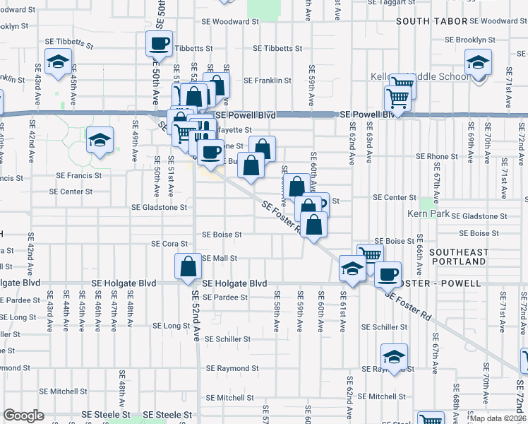map of restaurants, bars, coffee shops, grocery stores, and more near 5625 Southeast Gladstone Street in Portland