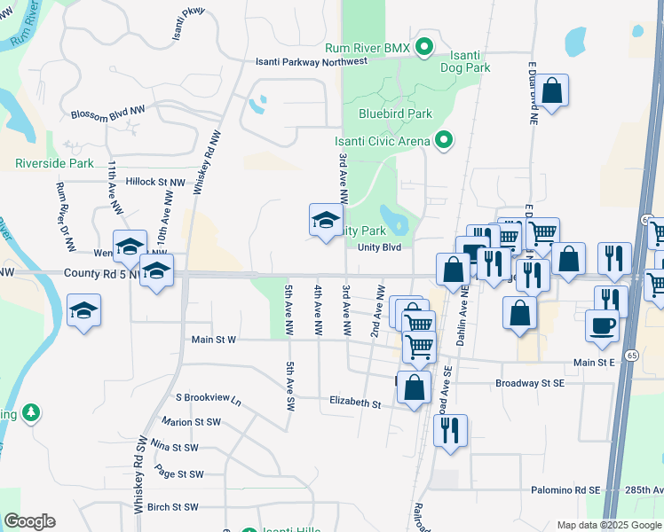 map of restaurants, bars, coffee shops, grocery stores, and more near 301 County Road 5 in Isanti