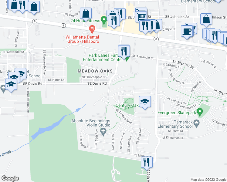 map of restaurants, bars, coffee shops, grocery stores, and more near 6121 Southeast Genrosa Street in Hillsboro