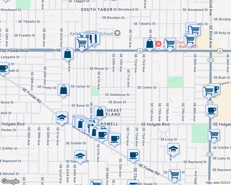 map of restaurants, bars, coffee shops, grocery stores, and more near 6919 Southeast Gladstone Street in Portland