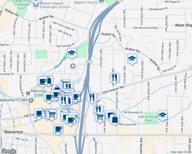 map of restaurants, bars, coffee shops, grocery stores, and more near 11055 Southwest Canyon Road in Beaverton