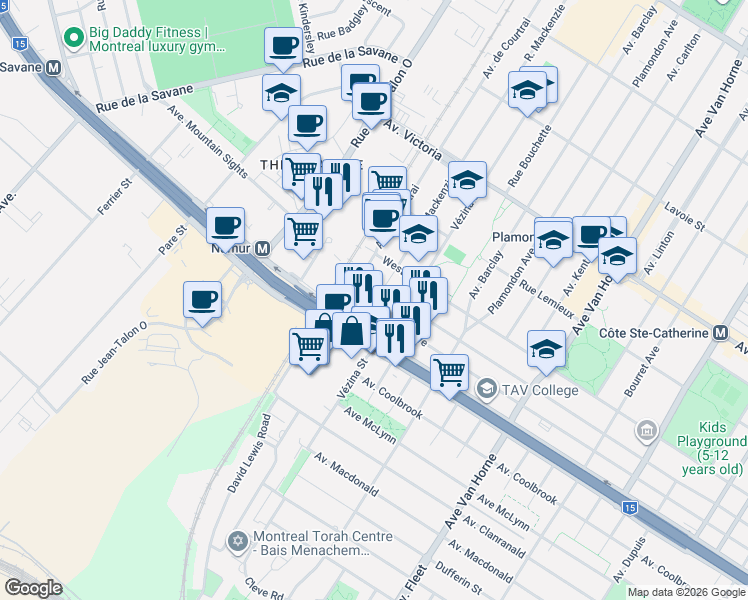 map of restaurants, bars, coffee shops, grocery stores, and more near 5265 Rue Mackenzie in Montréal
