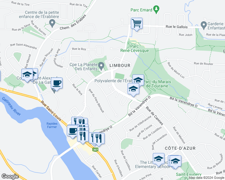 map of restaurants, bars, coffee shops, grocery stores, and more near 485 Rue de Cannes in Gatineau