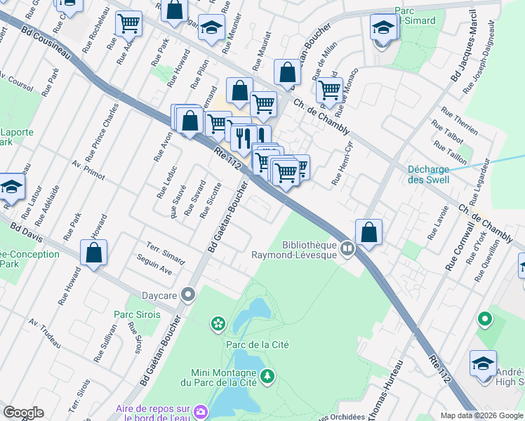 map of restaurants, bars, coffee shops, grocery stores, and more near 5985 Rue de La Tourbière in Longueuil