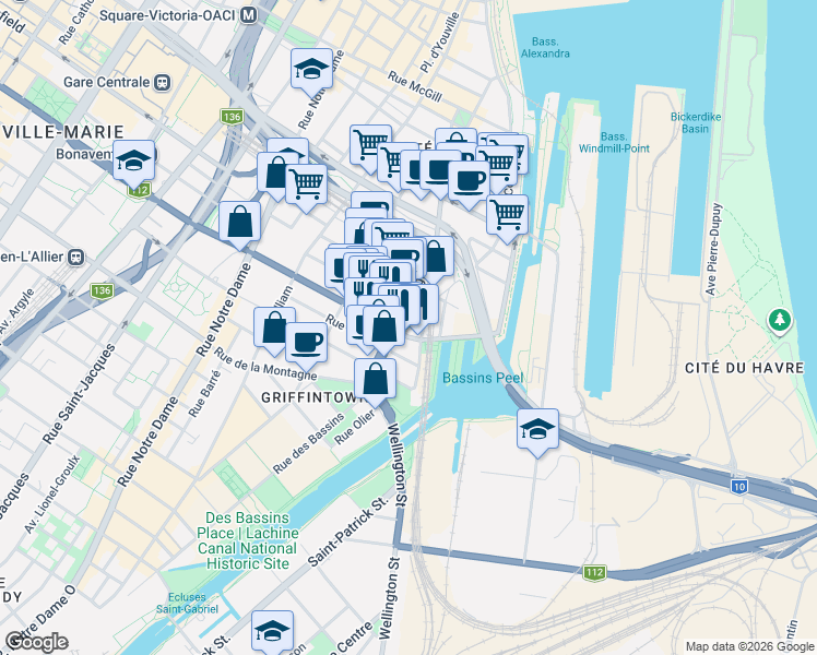 map of restaurants, bars, coffee shops, grocery stores, and more near 101 Rue Peel in Montrã©Al