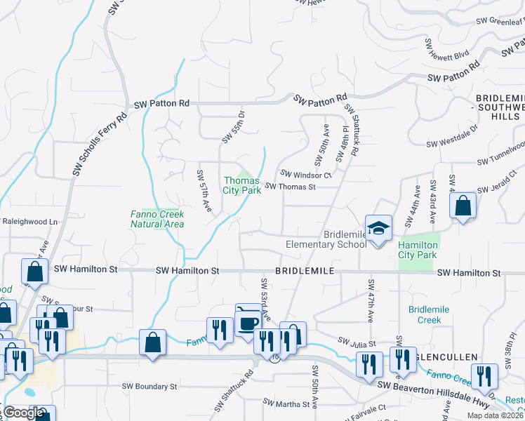 map of restaurants, bars, coffee shops, grocery stores, and more near 4120 Southwest 53rd Avenue in Portland