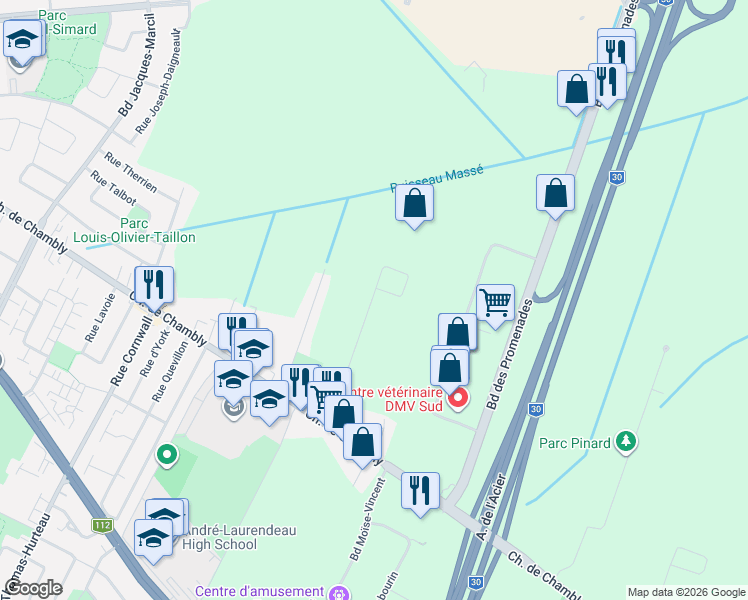 map of restaurants, bars, coffee shops, grocery stores, and more near Rue Roméo in Longueuil