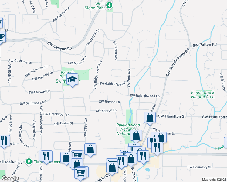 map of restaurants, bars, coffee shops, grocery stores, and more near 7190 Southwest Raleighwood Lane in Portland