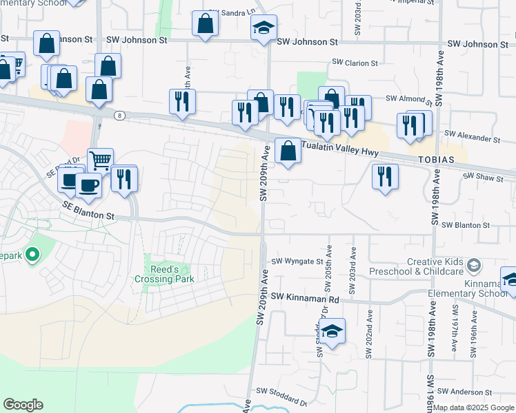 map of restaurants, bars, coffee shops, grocery stores, and more near 3627 Southwest 209th Avenue in Hillsboro