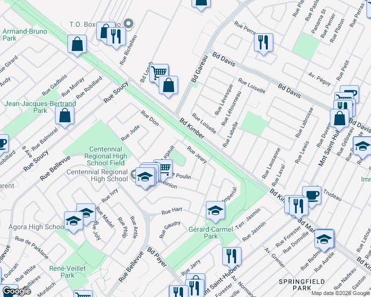 map of restaurants, bars, coffee shops, grocery stores, and more near 1081 Rue Jeary in Longueuil