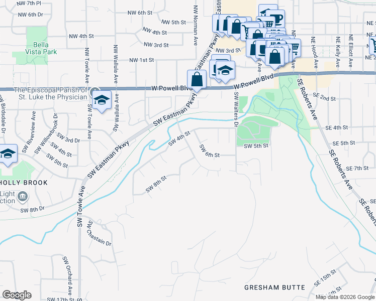 map of restaurants, bars, coffee shops, grocery stores, and more near 638 Southwest 7th Street in Gresham