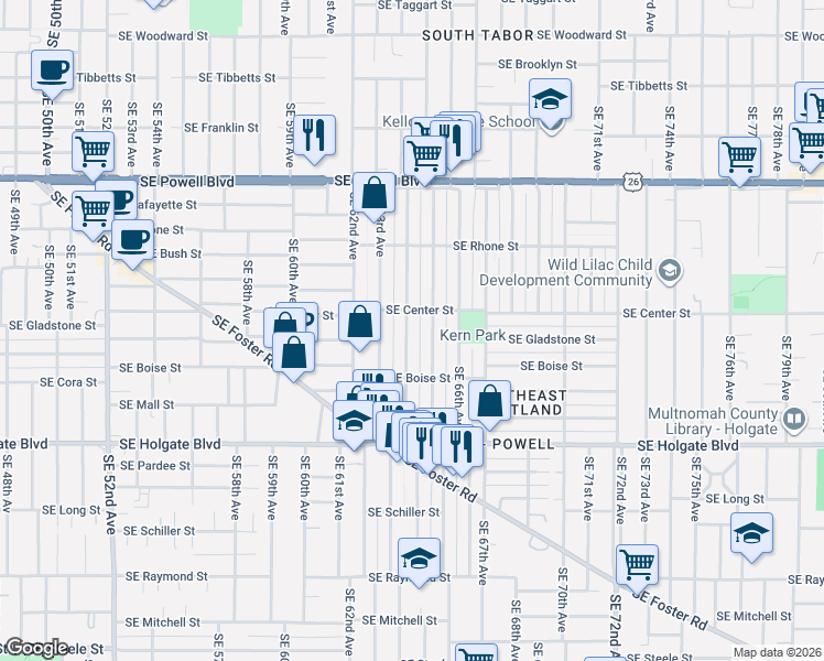 map of restaurants, bars, coffee shops, grocery stores, and more near 4036 Southeast 64th Avenue in Portland