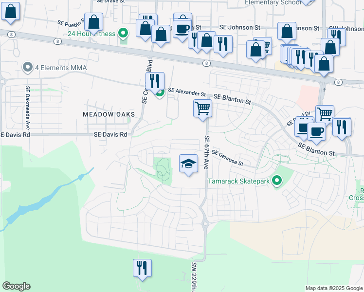 map of restaurants, bars, coffee shops, grocery stores, and more near 6489 Southeast Genrosa Street in Hillsboro