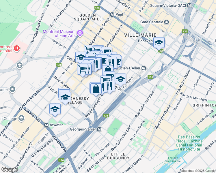 map of restaurants, bars, coffee shops, grocery stores, and more near 1600 Boulevard René-Lévesque Ouest in Montréal