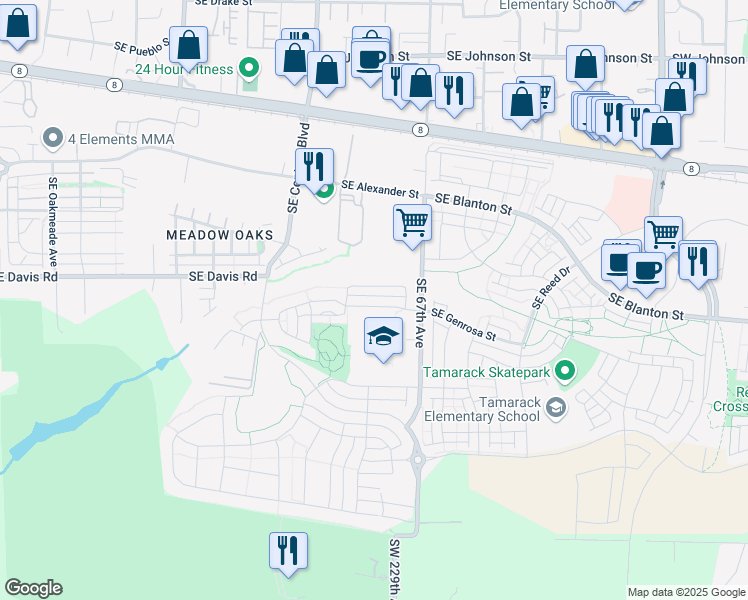 map of restaurants, bars, coffee shops, grocery stores, and more near 6489 Southeast Genrosa Street in Hillsboro