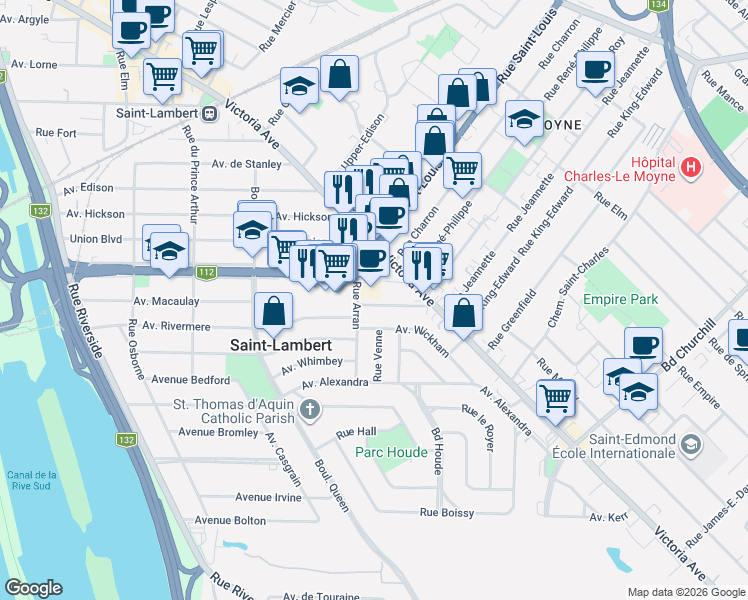 map of restaurants, bars, coffee shops, grocery stores, and more near 434 Avenue de Rothesay in Saint-Lambert