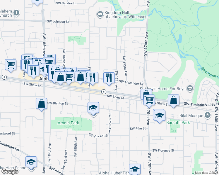 map of restaurants, bars, coffee shops, grocery stores, and more near 17531 Southwest Tualatin Valley Highway in Beaverton