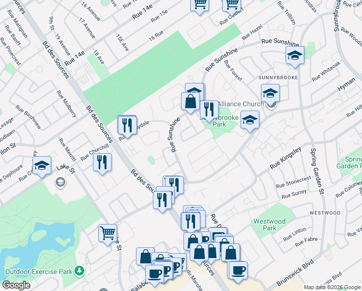 map of restaurants, bars, coffee shops, grocery stores, and more near 28 Rue Kieffer in Dollard-des-Ormeaux