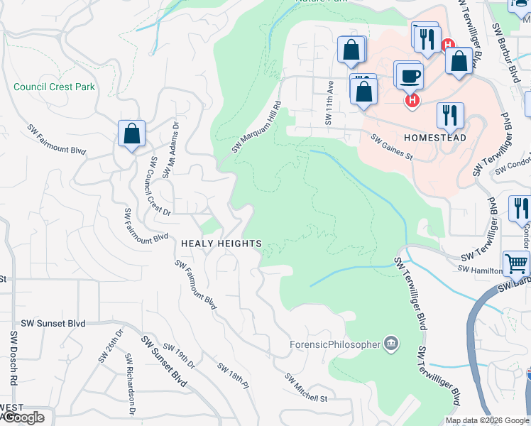 map of restaurants, bars, coffee shops, grocery stores, and more near 3025-3059 SW Fairmount Blvd in Portland