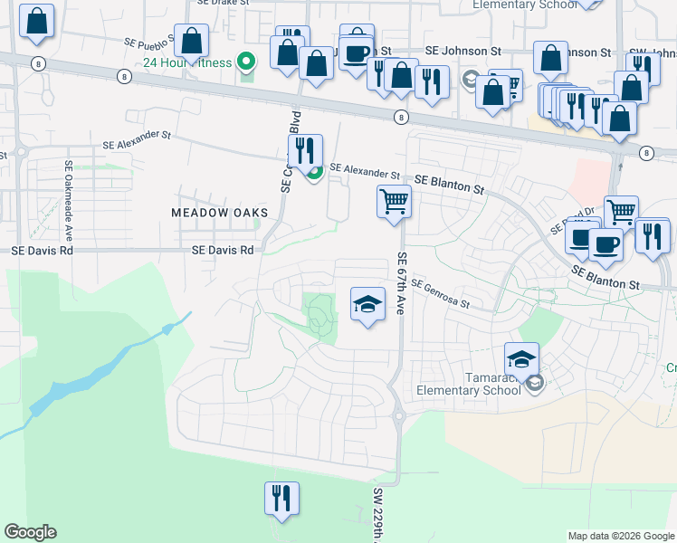 map of restaurants, bars, coffee shops, grocery stores, and more near 6353 Southeast Genrosa Street in Hillsboro