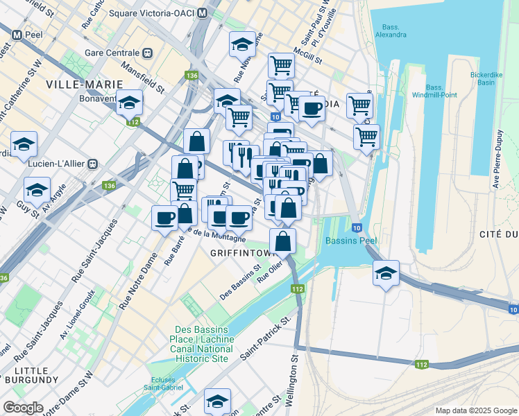 map of restaurants, bars, coffee shops, grocery stores, and more near 242 Rue Young in Montréal