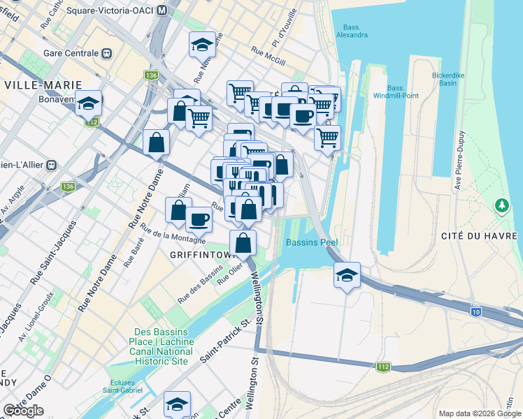 map of restaurants, bars, coffee shops, grocery stores, and more near 101 Rue Peel in Montréal