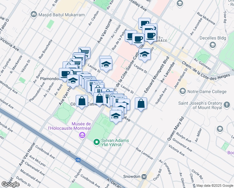 map of restaurants, bars, coffee shops, grocery stores, and more near 5570 Place Beaminster in Montreal
