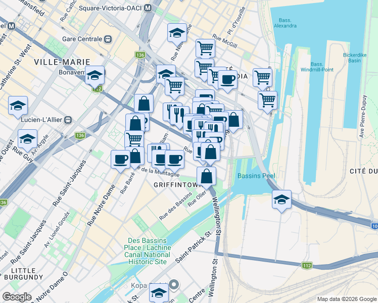 map of restaurants, bars, coffee shops, grocery stores, and more near 242 Rue Young in Montrã©Al