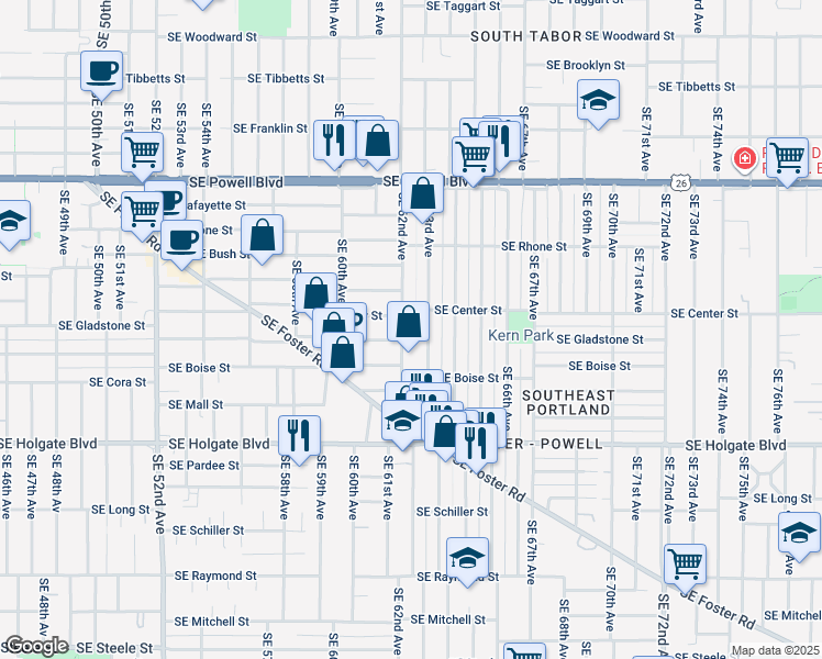 map of restaurants, bars, coffee shops, grocery stores, and more near 4081 Southeast 62nd Avenue in Portland