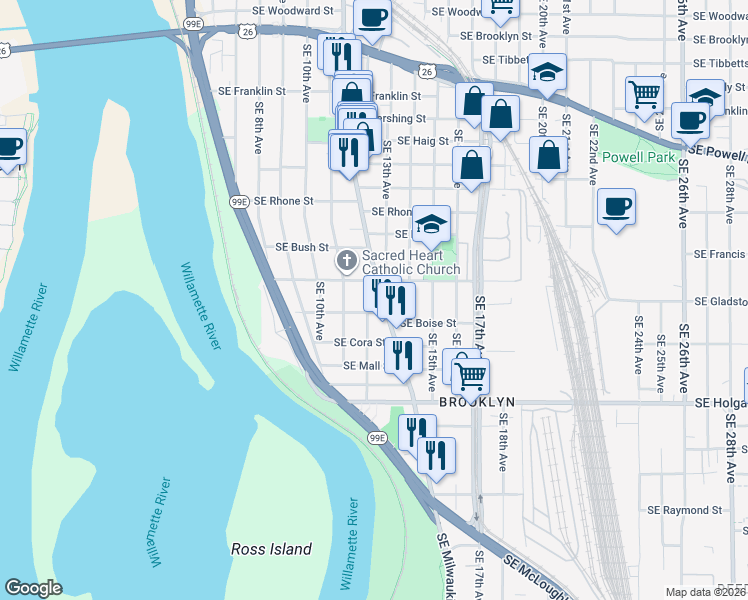 map of restaurants, bars, coffee shops, grocery stores, and more near 4108 Southeast 11th Avenue in Portland