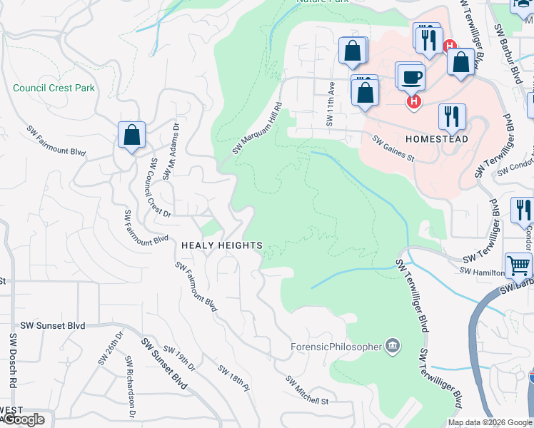 map of restaurants, bars, coffee shops, grocery stores, and more near 3025-3059 SW Fairmount Blvd in Portland