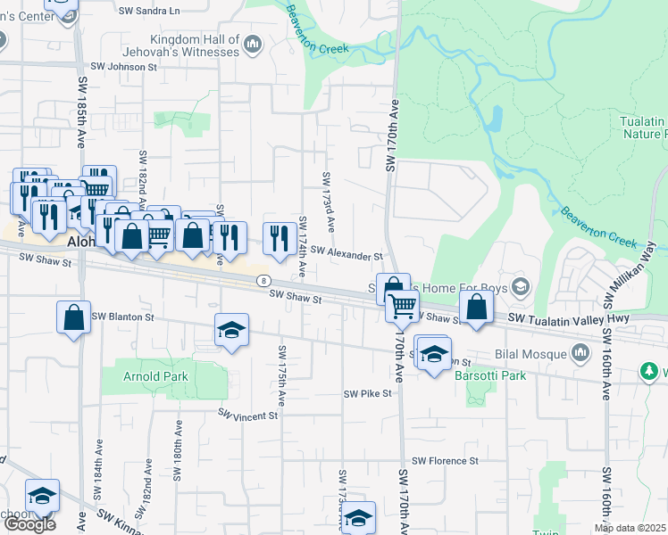 map of restaurants, bars, coffee shops, grocery stores, and more near 17210 Southwest Alexander Street in Beaverton