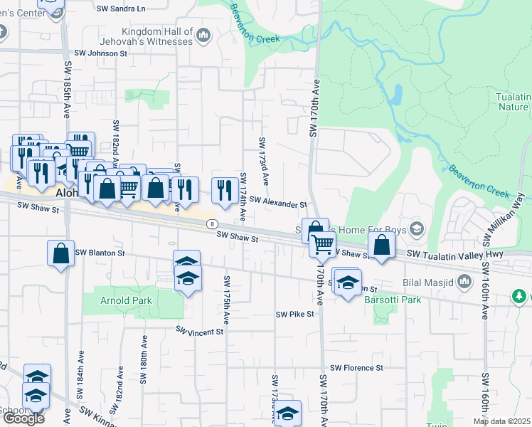 map of restaurants, bars, coffee shops, grocery stores, and more near 17210 Southwest Alexander Street in Beaverton