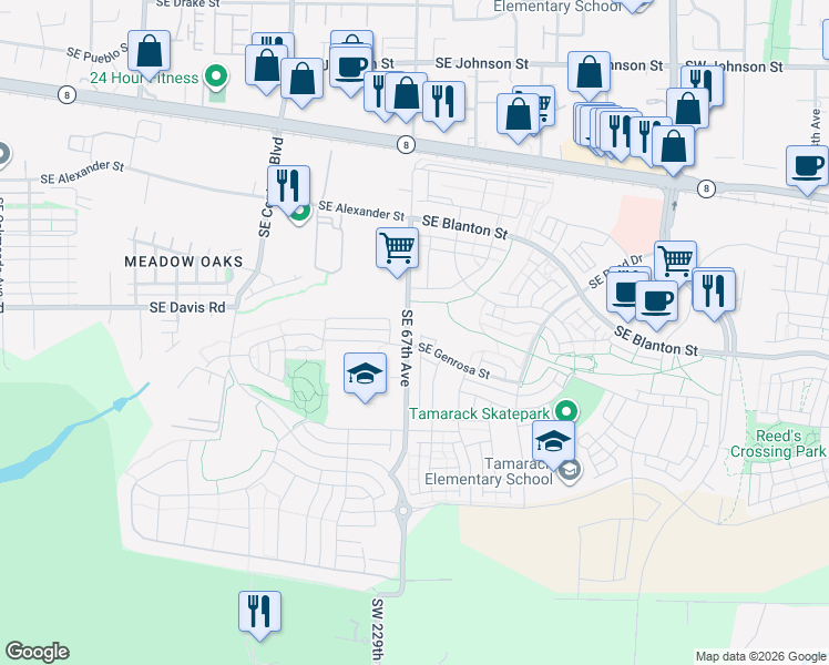 map of restaurants, bars, coffee shops, grocery stores, and more near 6745 Southeast Genrosa Street in Hillsboro