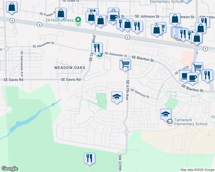 map of restaurants, bars, coffee shops, grocery stores, and more near 6353 Southeast Genrosa Street in Hillsboro