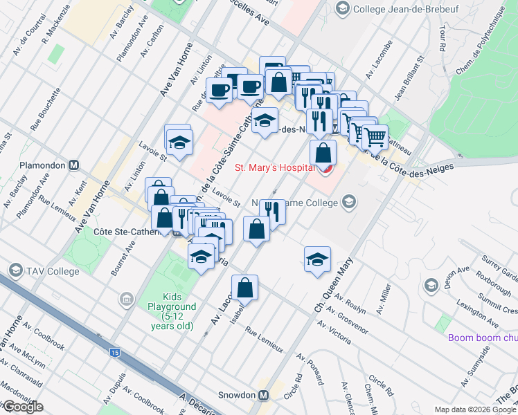 map of restaurants, bars, coffee shops, grocery stores, and more near 4491 Boulevard Edouard-Montpetit in Montréal