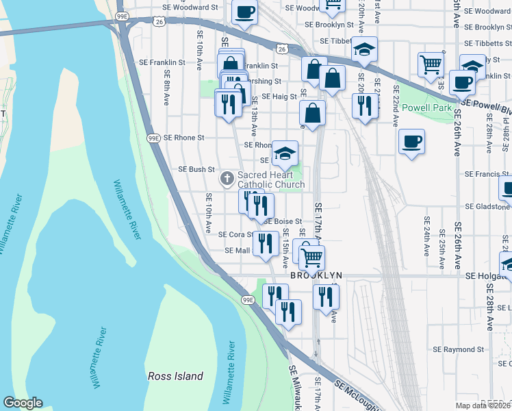 map of restaurants, bars, coffee shops, grocery stores, and more near 4100 Southeast Milwaukie Avenue in Portland