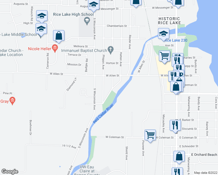 map of restaurants, bars, coffee shops, grocery stores, and more near 604 Noble Avenue in Rice Lake