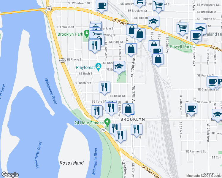 map of restaurants, bars, coffee shops, grocery stores, and more near 4035 Southeast 14th Avenue in Portland