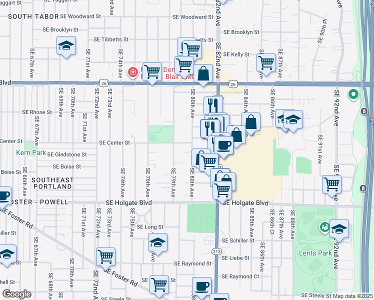 map of restaurants, bars, coffee shops, grocery stores, and more near 3945 Southeast 80th Place in Portland