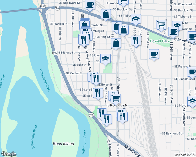 map of restaurants, bars, coffee shops, grocery stores, and more near 4035 Southeast 14th Avenue in Portland