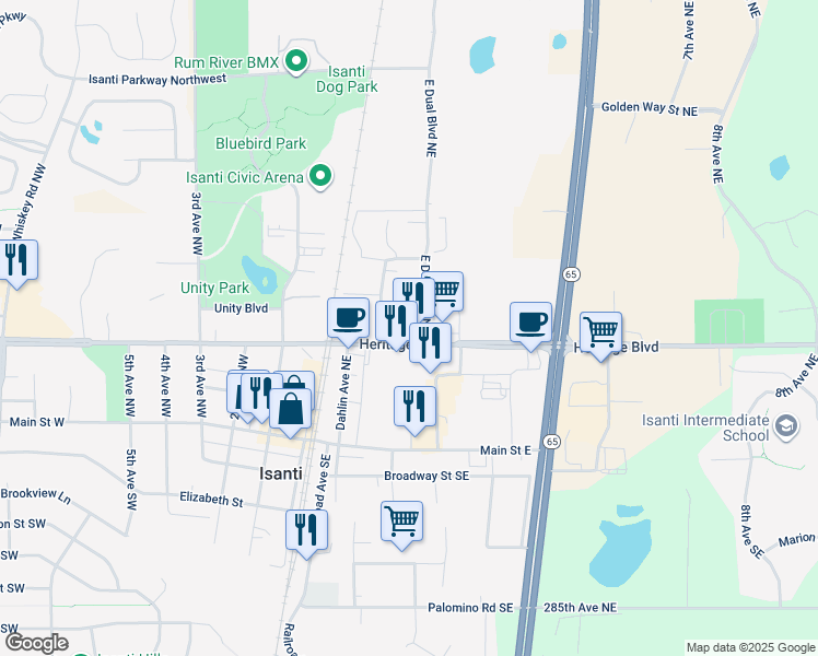map of restaurants, bars, coffee shops, grocery stores, and more near 401 East Dual Boulevard Northeast in Isanti