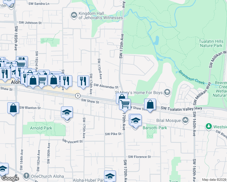 map of restaurants, bars, coffee shops, grocery stores, and more near 3645 Southwest Elliott Place in Beaverton